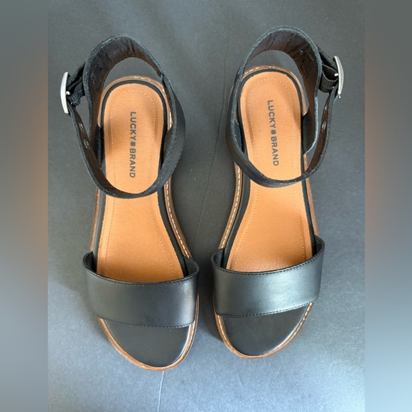 LUCKY BRAND Kimaya Black Leather Ankle-Strap Comfort Flat Open Toe Sandals 7.5 M - Picture 3 of 12